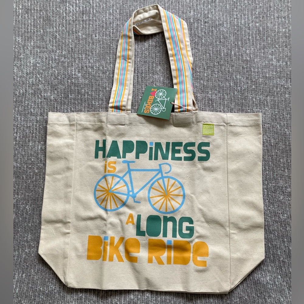 Canvas Tote Bag Happiness is a Long Bike‎ Ride Shopping Grocery Reusable Bag